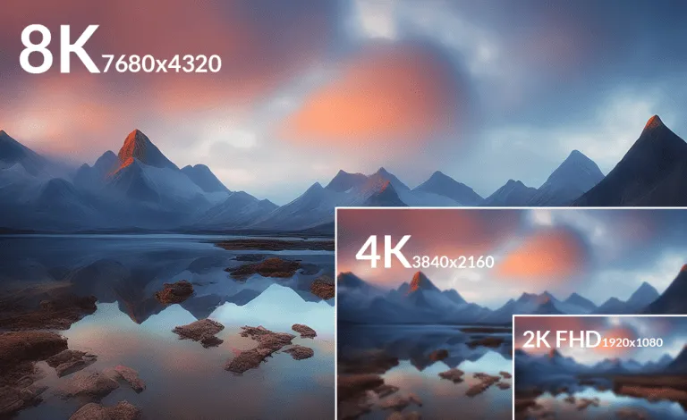 Visual comparison of different resolutions, illustrating the pixel density difference between 1080p, 4K, and 8K.